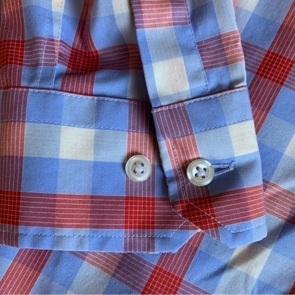 Egara Men’s Button Down Long Sleeve Blue Cream and Orange Plaid Shirt Size Large - Picture 6 of 7